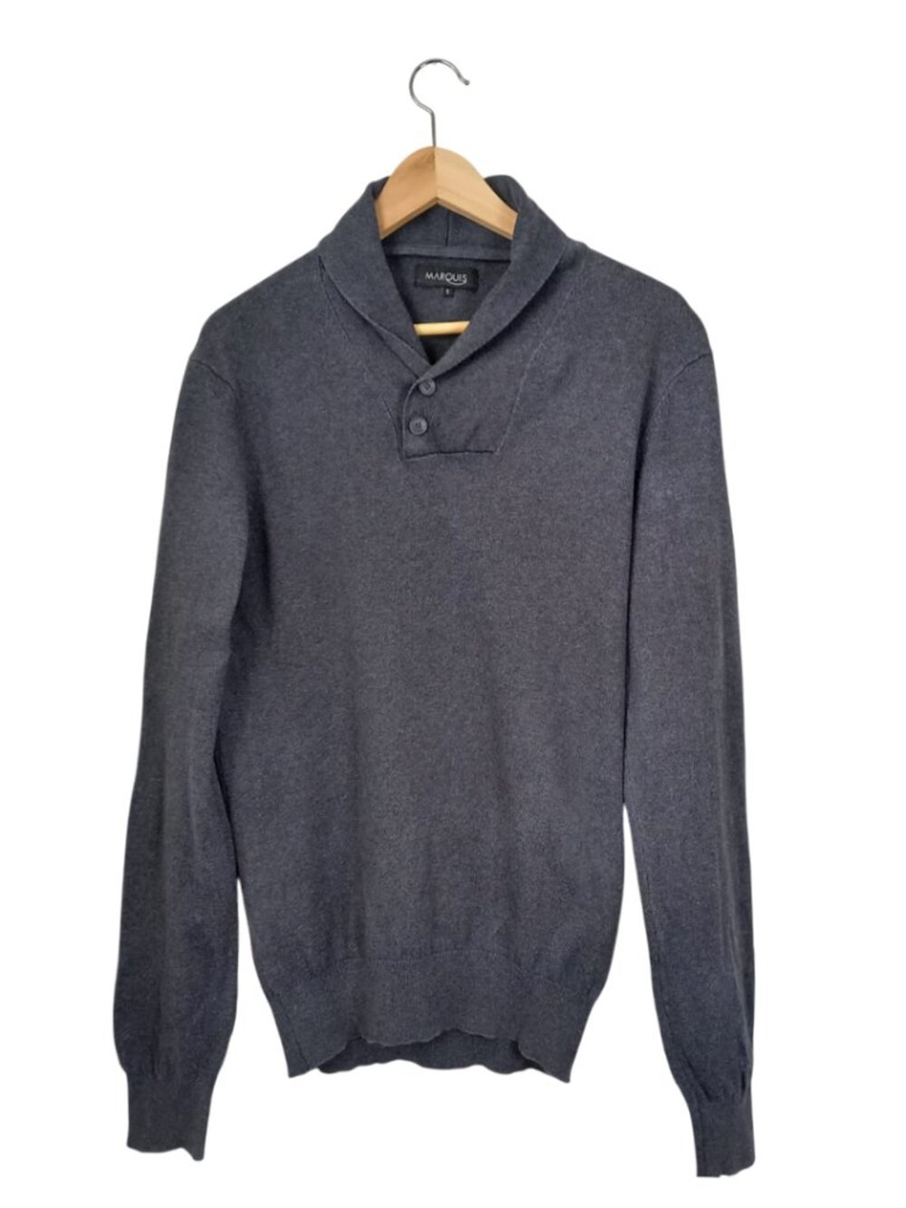 Marquis Men’s Gray Wool Blend Sweater - Shawl Collar Button Pullover, Size S